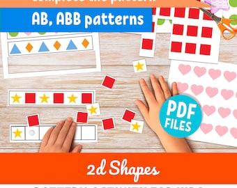 Patroonherkenning, educatieve activiteit vormenvolgorde, afdrukbare AB- en ABB-patronen (digitale pdf-download)