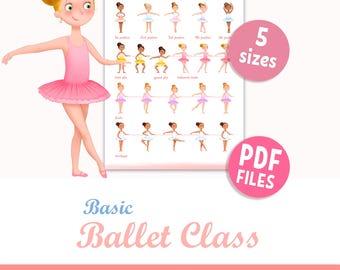 BASIC BALLET POSITIONS druckbares Poster für Mädchen, diverse Ballerina Posen, Tanz Klassenzimmer Dekoration, Wand Kunst Geschenk, digitaler Download