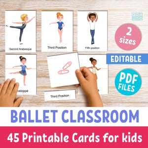 BALLET Posen Jungen & Mädchen druckbare Karteikarten für Kinder, 45 Montessori editierbare 3-teilige Textkarten, Positionsbegriffe, Tanzklassenuniform