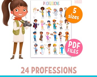 Pôster imprimível de profissões para crianças, com 24 ocupações e profissionais da comunidade, apresentando diversos personagens. Ideal para decoração de sala de aula e ensino domiciliar.