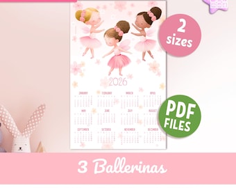 2026 Ballerina Wandkalender für Kinder: Printable Ballett & Tanz Klassenzimmer Dekoration (PDF digitaler Download)
