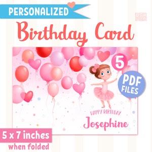 Ballerina Geburtstagskarte für Mädchen, personalisierte faltbare und druckbare Karte, Name, Alter & Haarfarbe Personalisierung - Sofort Download