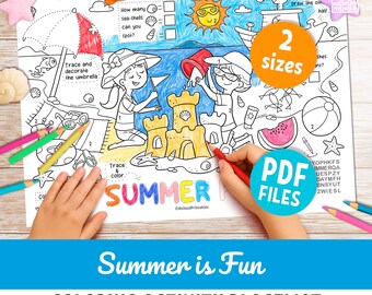 Summer Activity Placemat: tracing, counting, drawing, coloring page for kids (PDF Download)