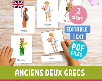 Tarjetas didácticas Montessori sobre dioses griegos y romanos antiguos para niños, en francés e inglés, tarjetas de actividades de mitología, PDF