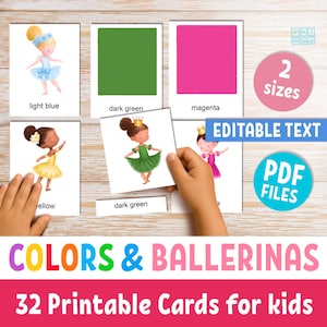 Ballerina Color Matching Flashcards, Montessori Preschool Activity, Printable Educational Cards for Kids, Editable text Ballet Learning Game