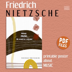 Friedrich Nietzsche Inspirational Quote Printable Poster for office and classroom decor,  philosophy gift, quote about MUSIC, abstract art