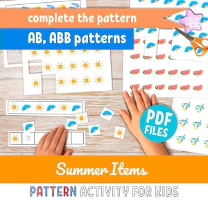 Pattern activity for preschool, Summer items, Montessori sequencing activity, AB & ABB (PDF digital download)