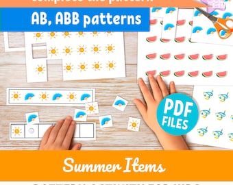 Pattern activity for preschool, Summer items, Montessori sequencing activity, AB & ABB (PDF digital download)