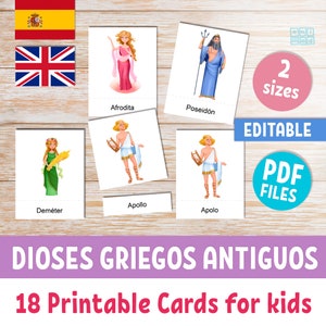 Tarjetas didácticas imprimibles de DIOSES GRIEGOS para niños en español e inglés, 18 tarjetas de 3 partes con texto editable, Antiguos dioses romanos y mitología griega