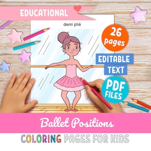 May include: A children's coloring page showing a ballerina in a pink tutu performing a "demi plié." The image includes the text "Ballet Positions" and "Coloring Pages for Kids," along with "Educational," "Editable Text," and "PDF Files."
