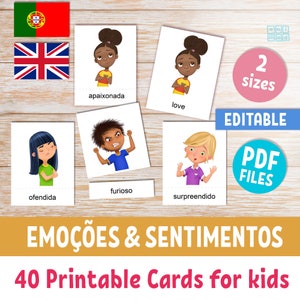 ÉMOTIONS ET SENTIMENTS Cartes mémoire imprimables pour enfants d'âge préscolaire en portugais et en anglais, cartes Montessori modifiables en 3 parties pour enfants bilingues