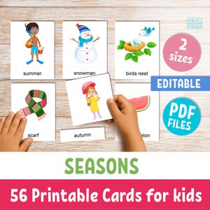 Seasons of the Year ENGLISH vocabulary flashcards for kids , Summer, Winter, Fall, Spring words, 56 Editable & Printable 3-Part Flashcards