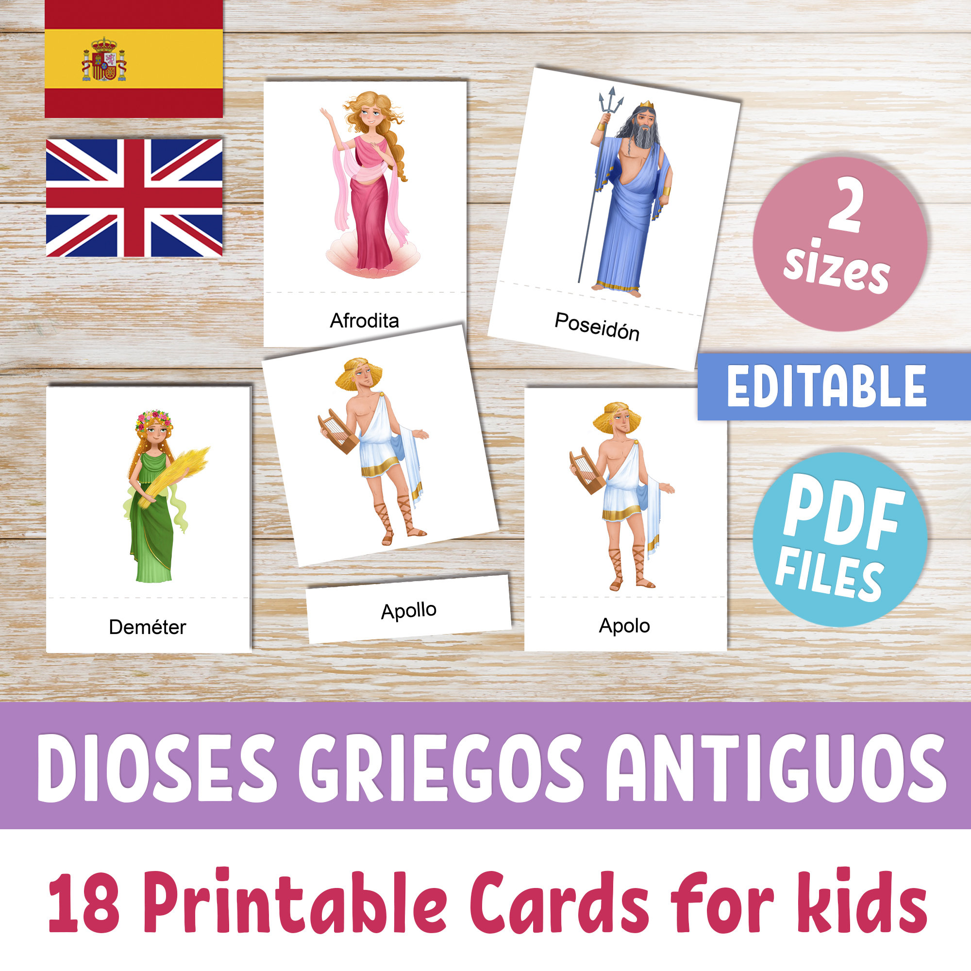 GREEK GODS Printable Flashcards for Kids in Sanish and English, 18 ...