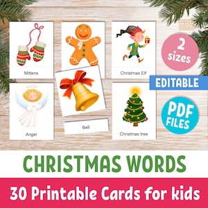 Schede didattiche di NATALE per bambini in età prescolare, 30 semplici schede di vocabolario di parole, schede educative in 3 parti modificabili e stampabili per la scuola domestica