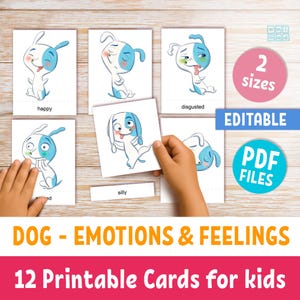 Emotionen und Gefühle druckbare Karteikarten, lustige Hundeausdruck Lernkarten für Kinder, Montessori 3-teilige Karten, bearbeitbare Textetiketten