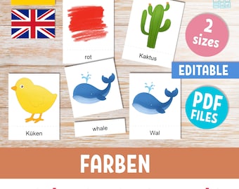 Learn COLORS printable & editable flashcards for preschool kids in GERMAN and ENGLISH, 77 Montessori vocabulary 3-part cards for homeschool