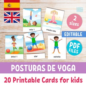 YOGA POSES, tarjetas de texto imprimibles y editables para niños en español e inglés, tarjetas de vocabulario educativo en 3 partes, recursos para profesores