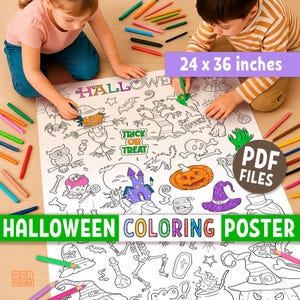 子供向けハロウィンぬり絵ポスター、幼稚園児・小学生向けジャンボサイズ印刷可能、楽しくて簡単なアクティビティページ、PDFですぐにダウンロード可能