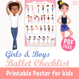 Chłopcy i dziewczęta CHECKLIST BALLET POSES plakat do druku dla dzieci, tancerze baletowi w mundurkach klasowych, wystrój sali tanecznej i edukacji domowej