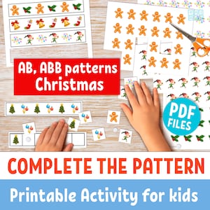 NATALE: Completa l'attività con il modello per bambini in età prescolare, Sequenza natalizia stampabile, modelli AB e ABB, strisce educative per l'istruzione parentale