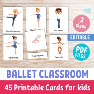 BALLET poses boys & girls printable flashcards for kids, 45 Montessori editable 3 part cards, ballet position terms, classroom uniform dance