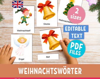 Christmas Flashcards for Kids : English & German, Montessori 3-Part Cards (Editable text, PDF digital download)