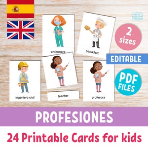 Cartes mémoire imprimables PROFESSIONS pour enfants d'âge préscolaire en espagnol et en anglais, activités 24 professions Montessori avec cartes de texte modifiables en 3 parties