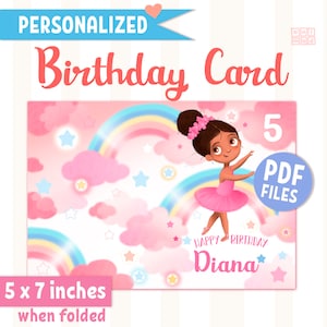 Carte d'anniversaire ballerine, personnalisée avec nom et âge, cadeau de ballet imprimable pour les petites danseuses, design arcs-en-ciel et étoiles, PDF pliable