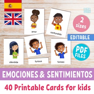 Tarjetas imprimibles de EMOCIONES y SENTIMIENTOS en español e inglés para niños, 40 tarjetas de texto editables de 3 partes con expresiones faciales de niños