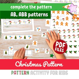 Tiras de patrones navideños para niños: Tarjetas de actividades de secuencias AB y ABB (descarga en PDF)