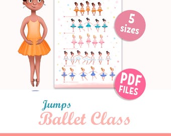 Ballet Jumps Poster for girls, ballerina step-by-step positions, educational printable chart for dance classroom and homeschool (PDF)