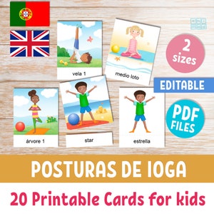 Cartes mémoire imprimables YOGA POSES pour enfants d'âge préscolaire en portugais et anglais, cartes Montessori modifiables en 3 parties, activité scolaire à domicile en classe