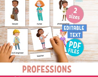 Pode incluir: Flashcards educativos para crianças com ilustrações de várias profissões, incluindo advogado, enfermeira, fotógrafo, engenheiro civil e professor. Os cartões são rotulados com os nomes das profissões e incluem o texto "2 tamanhos", "Texto editável" e "Arquivos PDF".