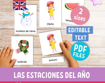 Seasons Flashcards for bilingual kids in Spanish & English, 56 Montessori vocabulary 3-part cards (PDF)