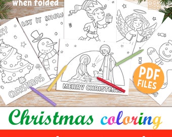 CHRISTMAS COLORING CARDS for kids, Christmas printable and foldable greeting cards, preschool holiday coloring activity, season greetings