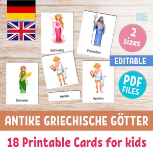 GREC - DIEUX ROMAINS pour enfants en allemand et en anglais, 18 activités Montessori avec texte imprimable et modifiable en 3 parties, mythologie grecque