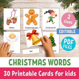 Cartes-éclair Montessori de Noël, cartes de vocabulaire imprimables en 3 parties, apprentissage préscolaire et maternelle, texte modifiable, téléchargement immédiat PDF
