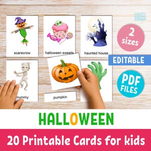 Flashcards imprimíveis de Halloween para crianças em idade pré-escolar, 20 cartões Montessori com texto editável de 3 partes para vocabulário, educação domiciliar e atividades em sala de aula