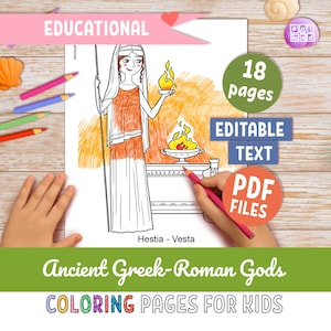 Pagine da colorare stampabili con divinità greche e romane dell'antichità per bambini con testo modificabile, attività per la classe e la scuola domestica, download della mitologia greca