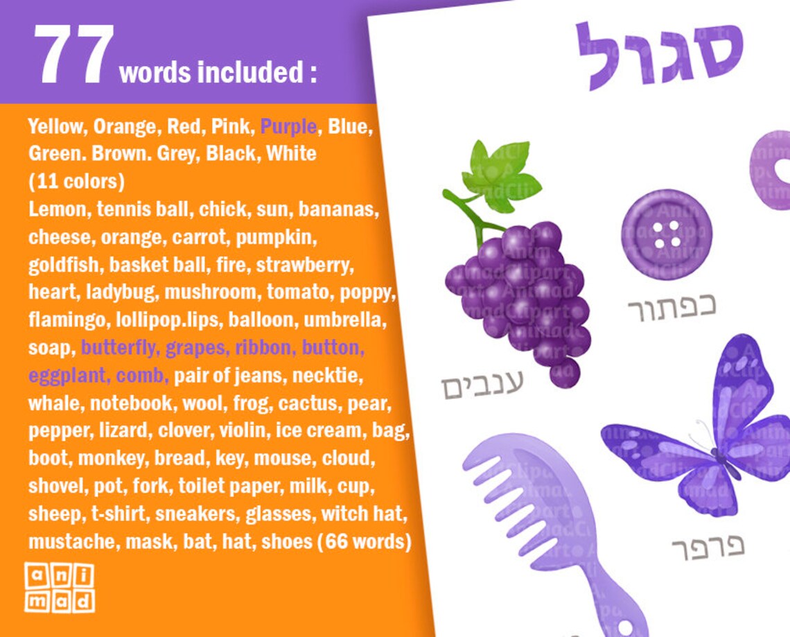 HEBREW for Kids, COLORS Printable POSTERS, Set of 12 Posters, Classroom ...