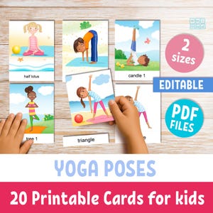TARJETAS DE POSTURAS DE YOGA imprimibles para niños, tarjetas Montessori de 3 partes con texto editable, actividad educativa para el aula y la educación en casa, yoga para niños