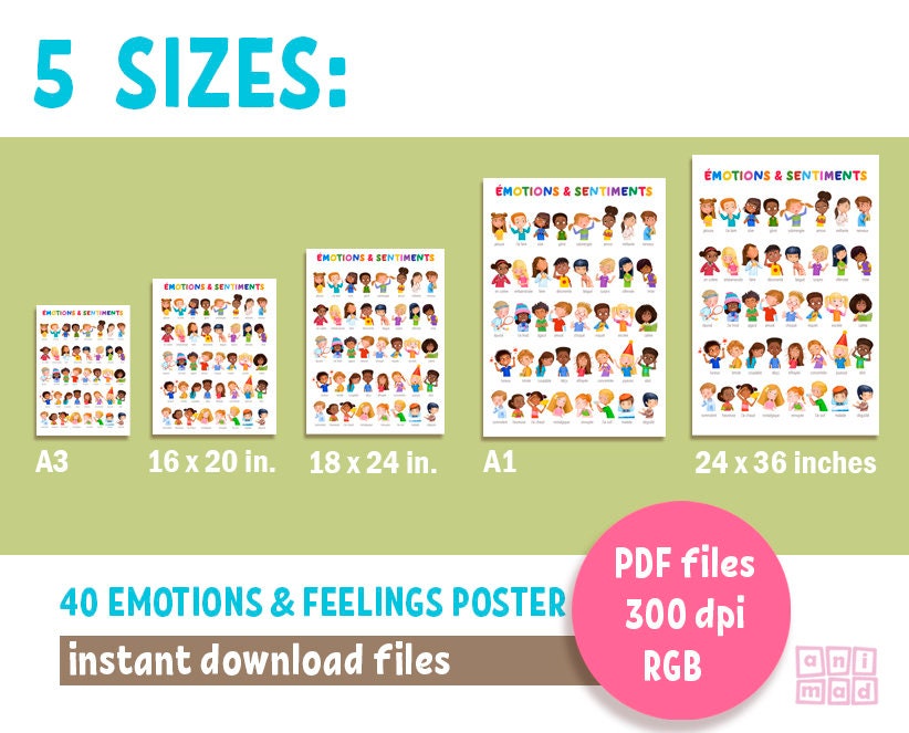 EMOTIONS & FEELINGS Printable Poster for Kids in French, Kid's Face ...