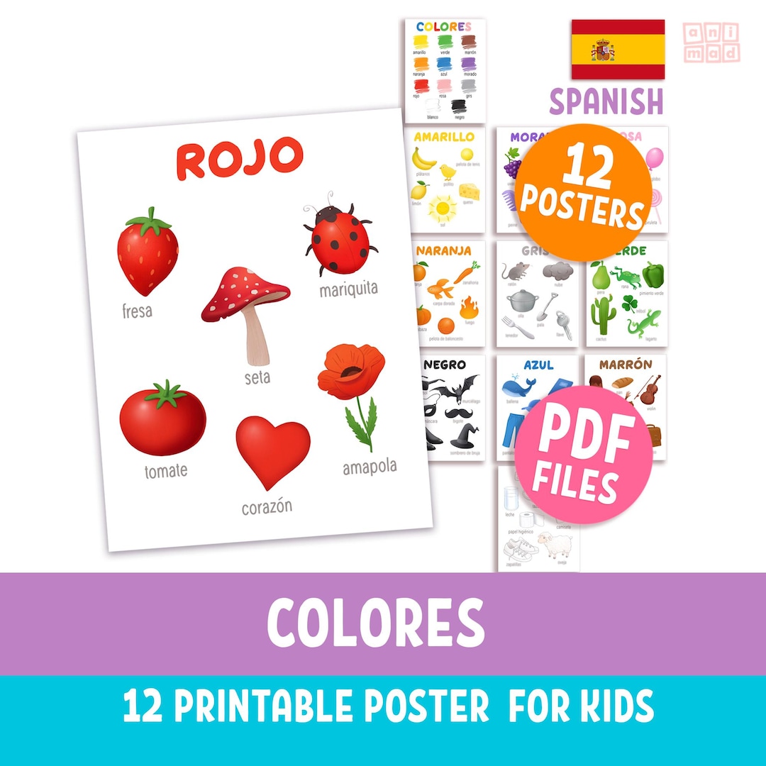 Spanish Colors Printable Poster Set for Kids, Vocabulary Chart for ...