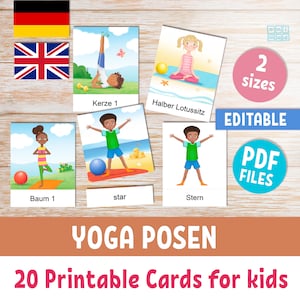 Tarjetas didácticas imprimibles YOGA POSES para niños en edad preescolar en alemán e inglés, 20 tarjetas de texto Montessori editables en 3 partes, actividad en el aula
