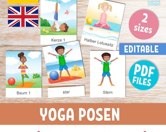 YOGA POSES printable flashcards for preschool kids in German and English, 20 Montessori 3-part editable homeschool cards, classroom activity