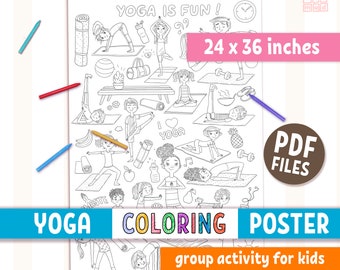 YOGA POSES easy printable coloring poster for kids, preschool homeschool & classroom activity, simple yoga jumbo size coloring poster