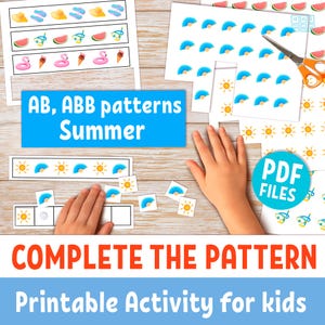 Summer complete the PATTERN activity for preschool and kindergarten kids, printable Montessori sequencing activity, 44 AB & ABB patterns