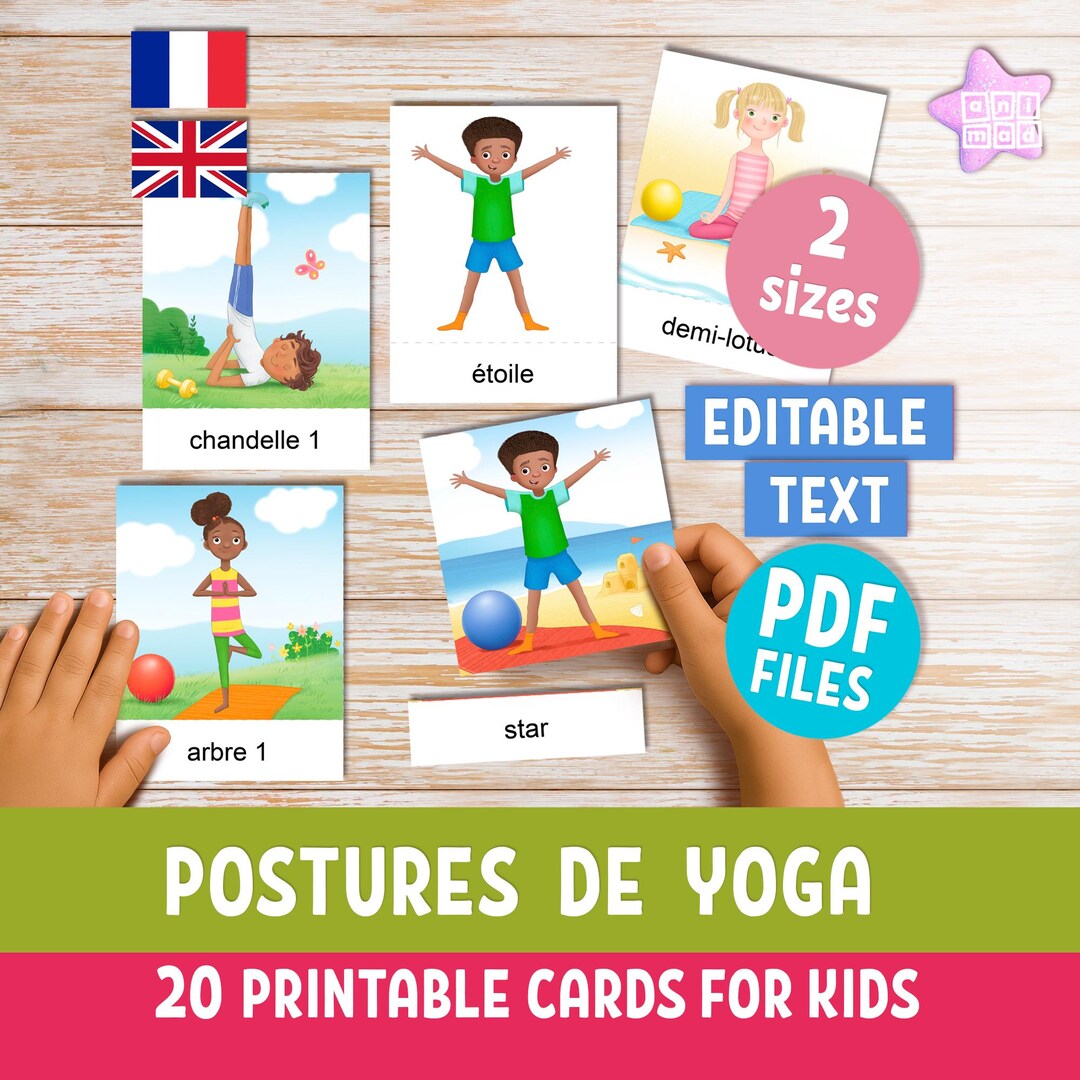 YOGA POSES Printable Flashcards for Kids in French & English, 20 ...