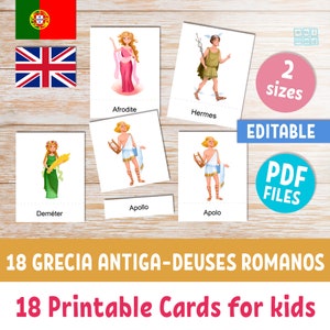 Tarjetas imprimibles de DIOSES GRIEGOS para niños en portugués e inglés, 18 tarjetas editables Montessori de 3 partes, Dioses romanos antiguos, Mitología griega