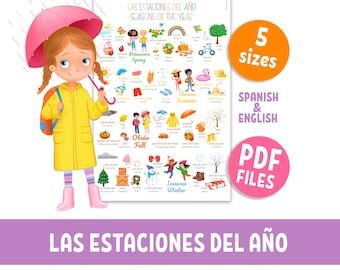 Seasons of the Year Bilingual Poster for kids, Spanish English Vocabulary Chart (PDF download)
